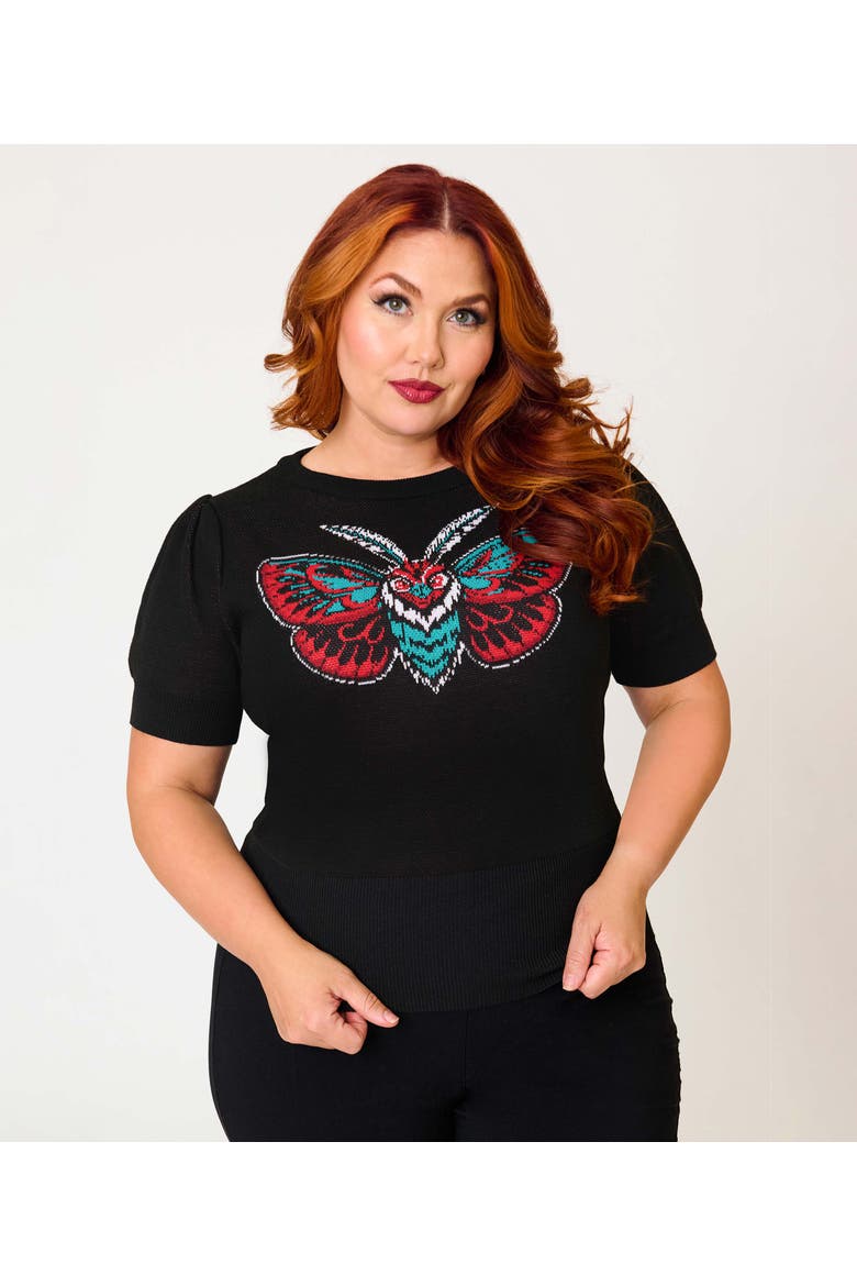 Plus Size Embroidered Long Sleeve Sweater, Alternate, color, Black Moth Print