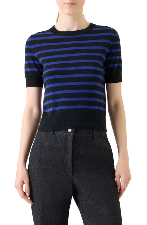 Akris Punto Stripe Short Sleeve Virgin Wool Sweater In Blue