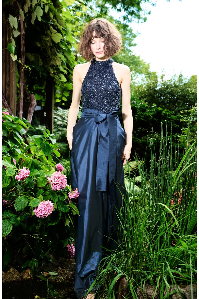 Hand Embellished Bodice Taffeta Gown, Alternate, color, NAVY