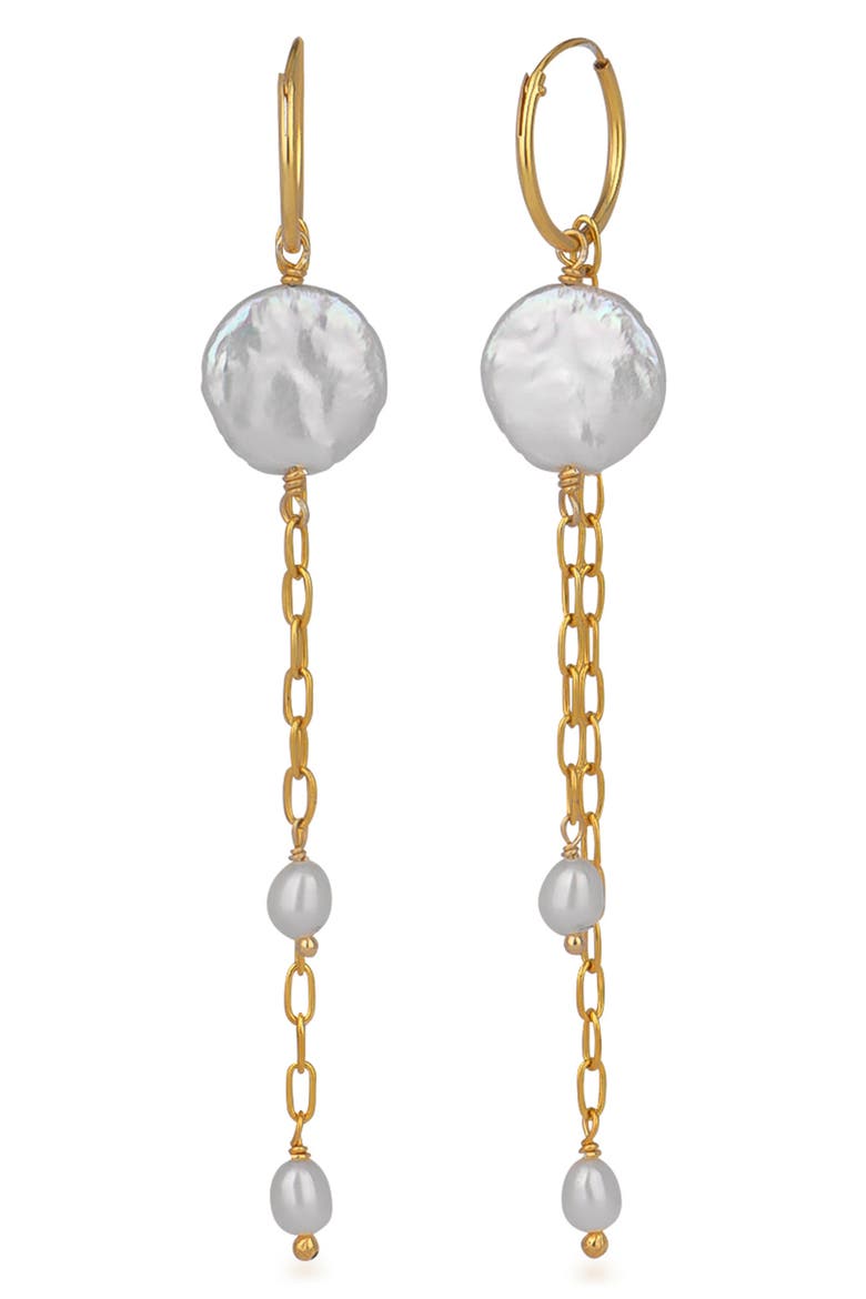 14K Gold Vermeil Mother of Pearl & 3mm Freshwater Peal Earrings, Main, color, GOLD