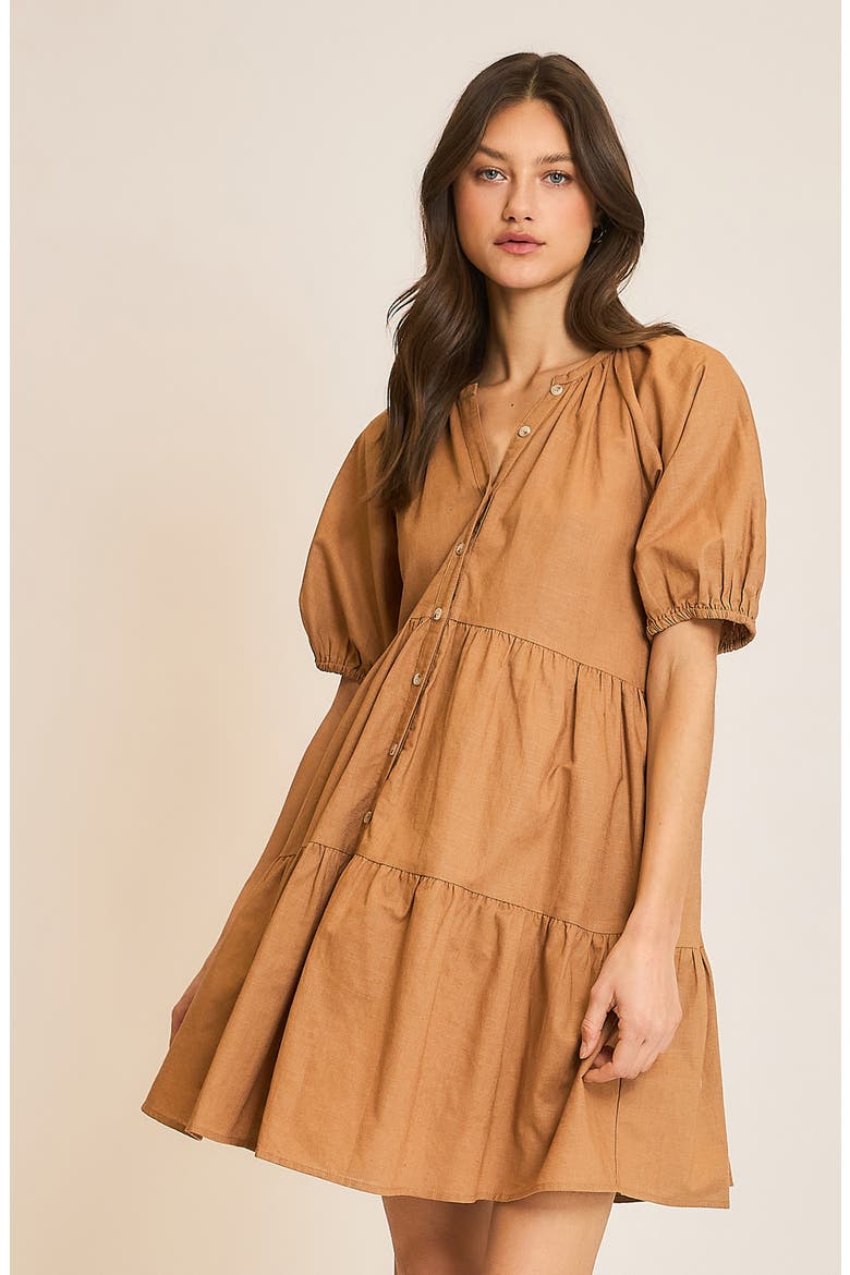 Button Front Tiered Dress, Alternate, color, CAMEL