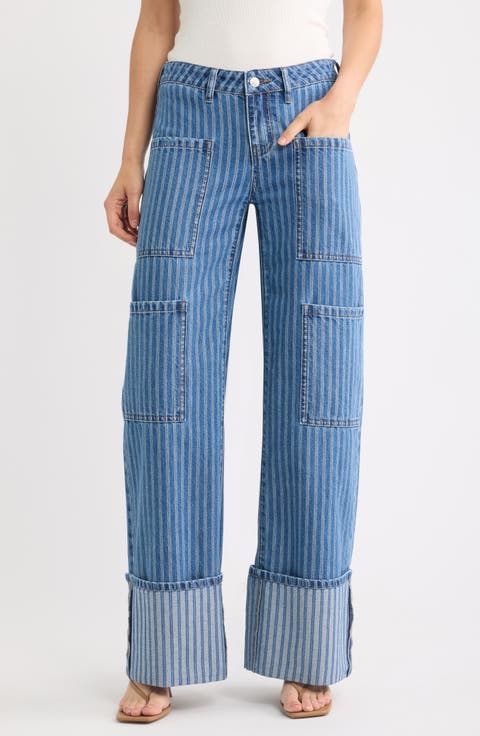 Striped Jacquard Wide Leg Cargo Jeans