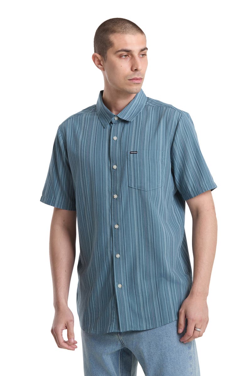 Volcom Jahstripe Short Sleeve Button-Up Shirt, Alternate, color, Blue/ Green Stripe