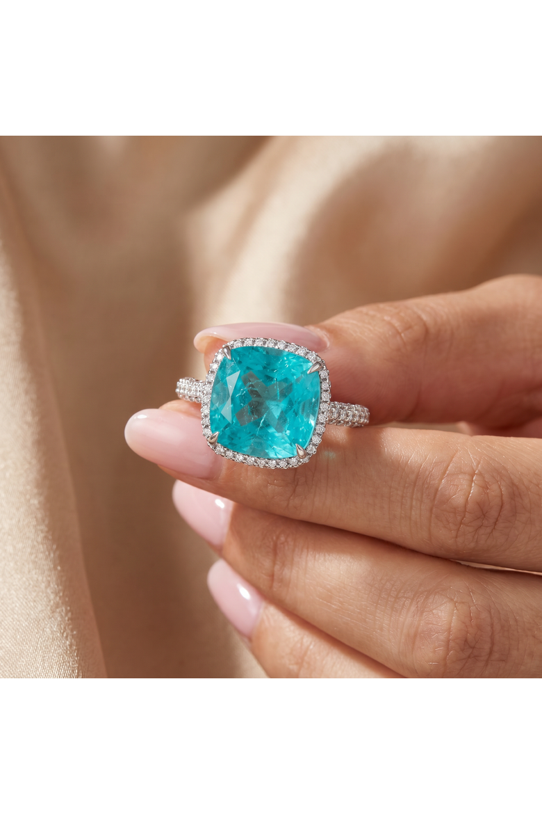 9.50Ct TW Cushion Paraíba & Pave Diamond Ring 14k Gold Lab Grown, Alternate, color, 14k White Gold