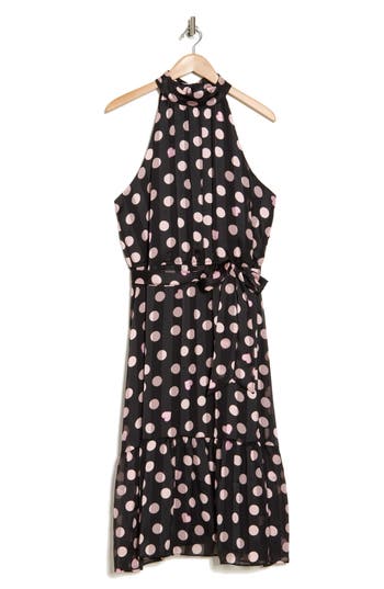 London Times Heart & Dot Print Sleeveless Fit & Flare Dress In Black/blush