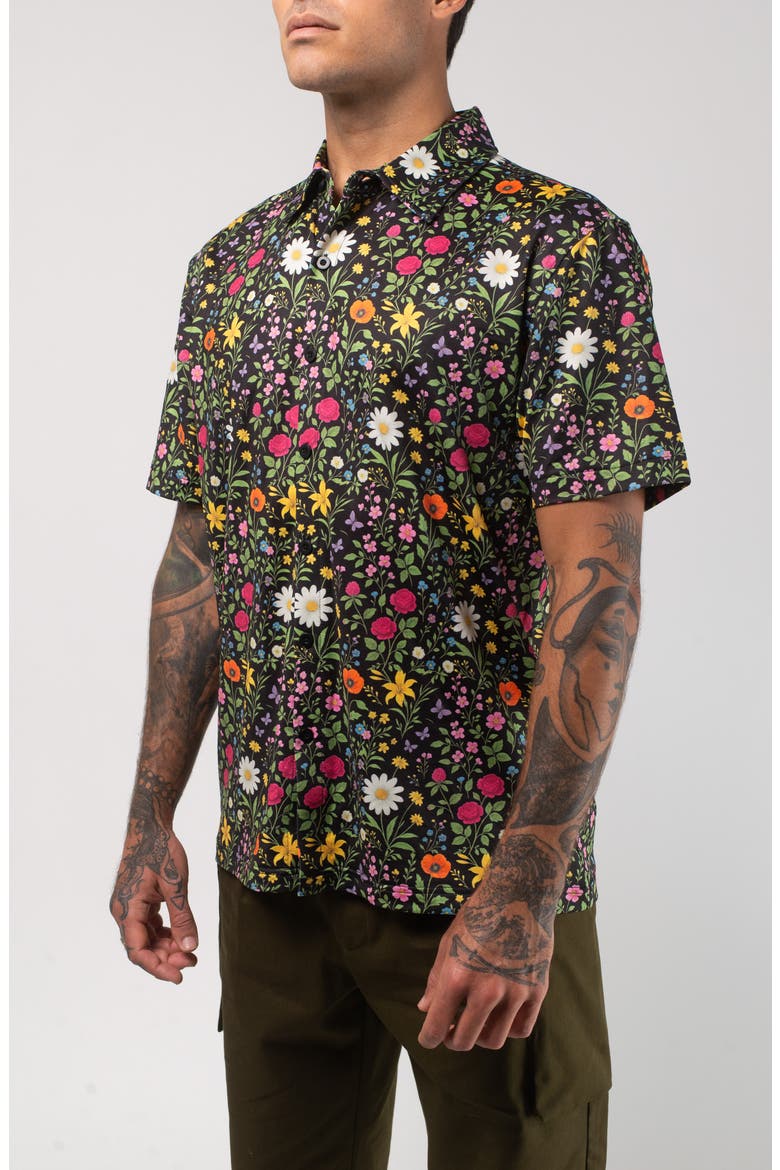 Aqua Terra Scritti Politti Floral Tech Short Sleeve Performance Button-Up Shirt, Alternate, color, BLACK MULTI