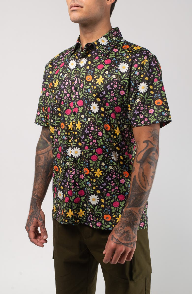 VAST Aqua Terra Scritti Politti Floral Tech Short Sleeve Performance Button-Up Shirt, Alternate, color, Black Multi
