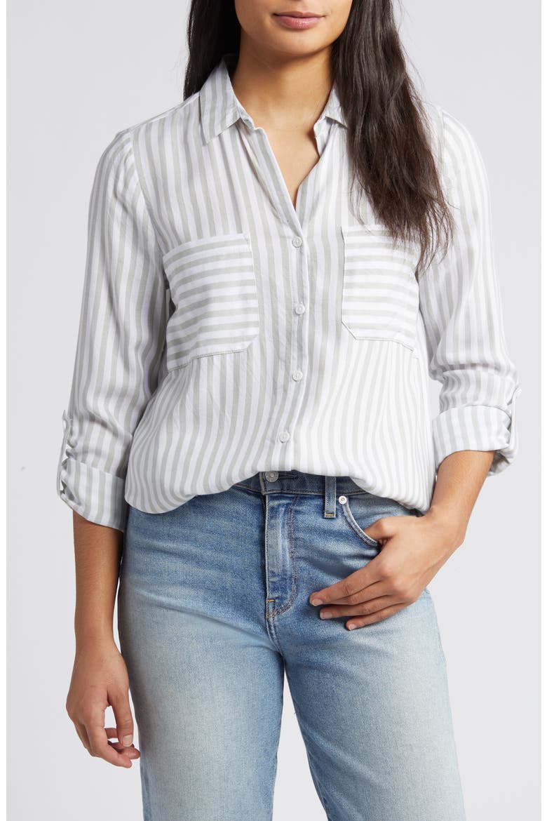 Kaia Stripe Long Sleeve Button-Up Shirt, Main, color, GREEN MOSS