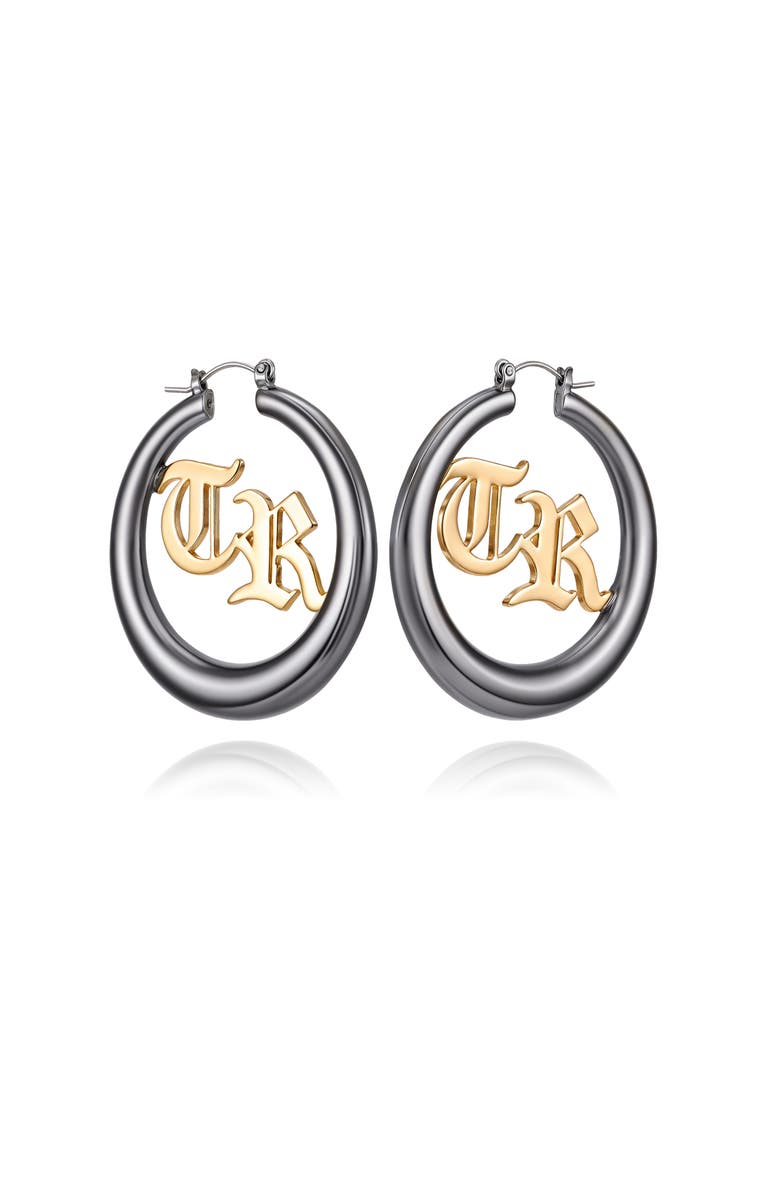 True Religion TR Logo Hoop Earrings, Main, color, Black Tone