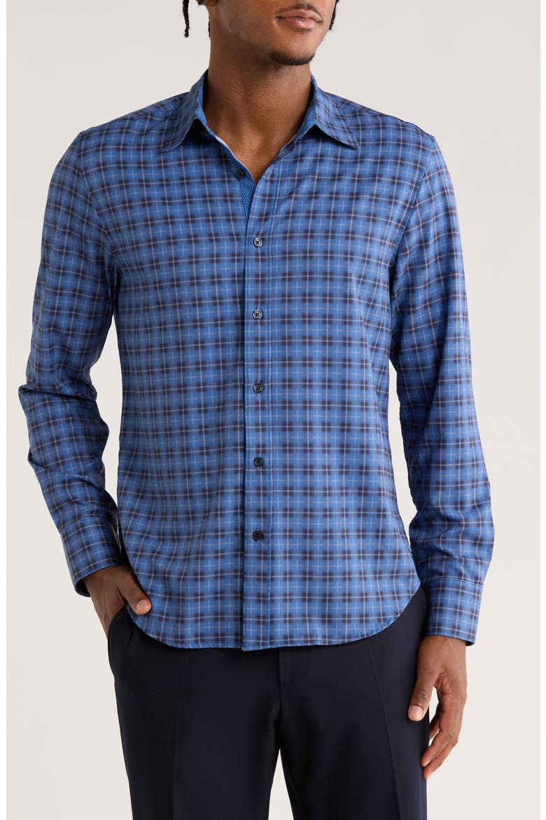 Plaid Long Sleeve Button-Up Shirt, Main, color, DARK DENIM