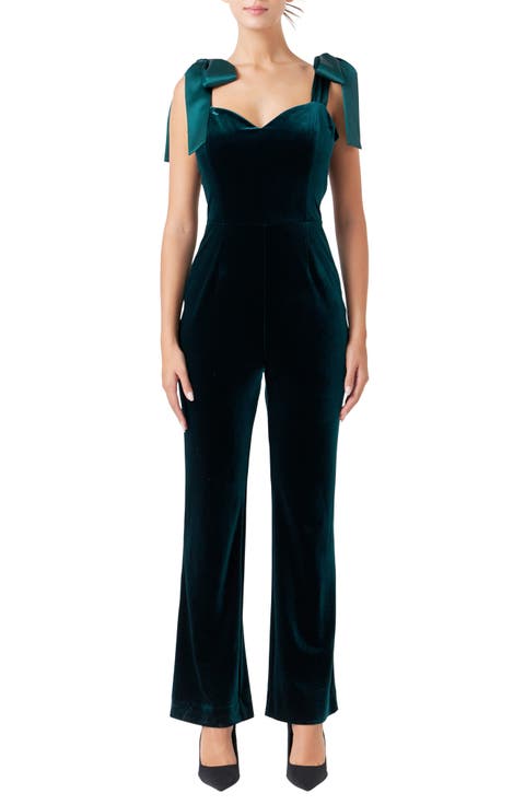 Bow Strap Sweetheart Neck Velvet Jumpsuit