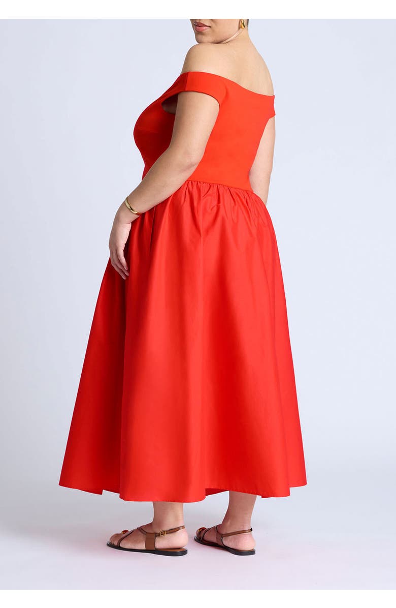 ELOQUII Boat Neck Mixed Fabric Dress, Alternate, color, Tomato