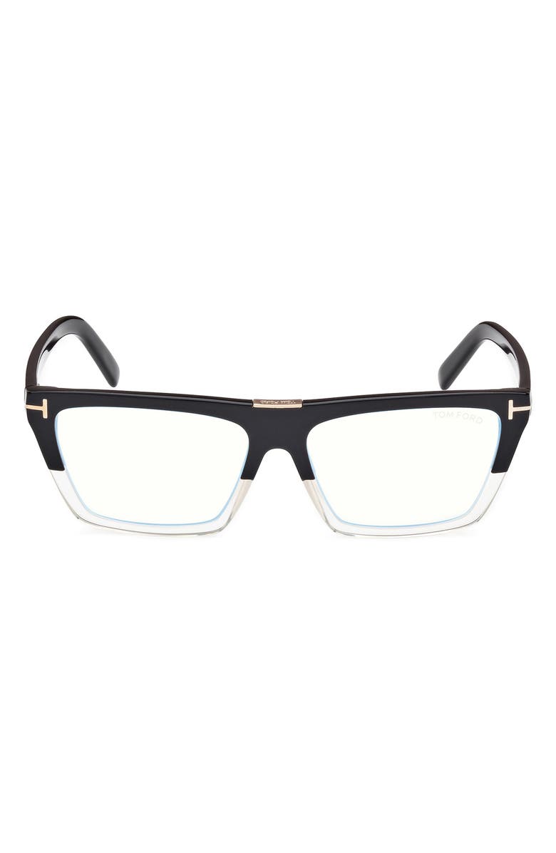 TOM FORD 57mm Square Blue Light Blocking Glasses, Main, color, Color Block Black / Crystal