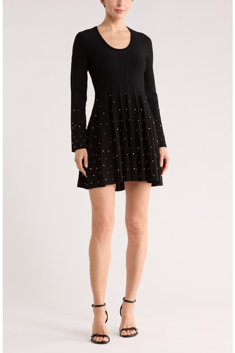 Prue Embellished Long Sleeve Fit & Flare Dress, Main, color, BLACK