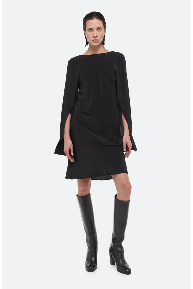 Scarf Neck Long Sleeve Silk Dress, Alternate, color, BLK