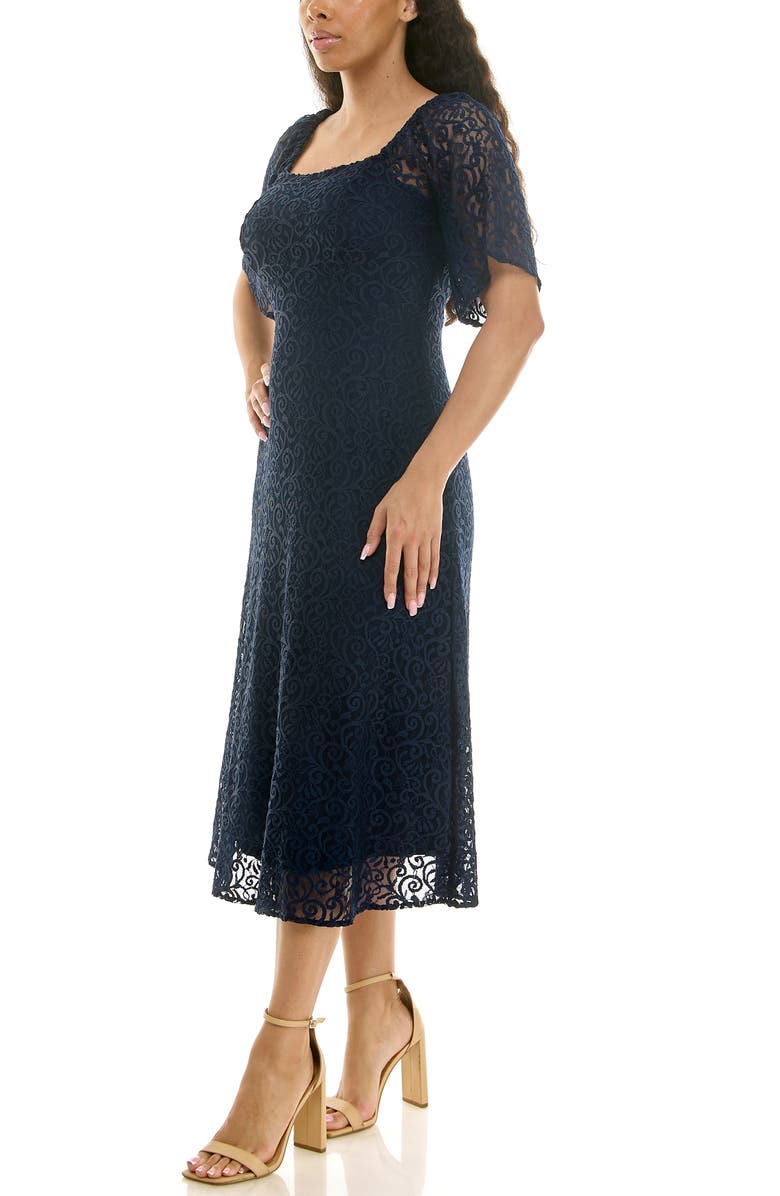 Nina Leonard Flutter Sleeve Lace MIdi Dress, Alternate, color, Navy