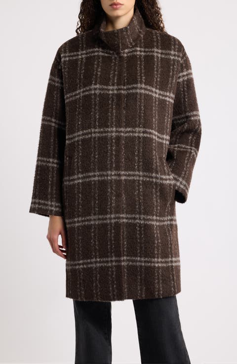 High Collar Grid Alpaca Blend Coat