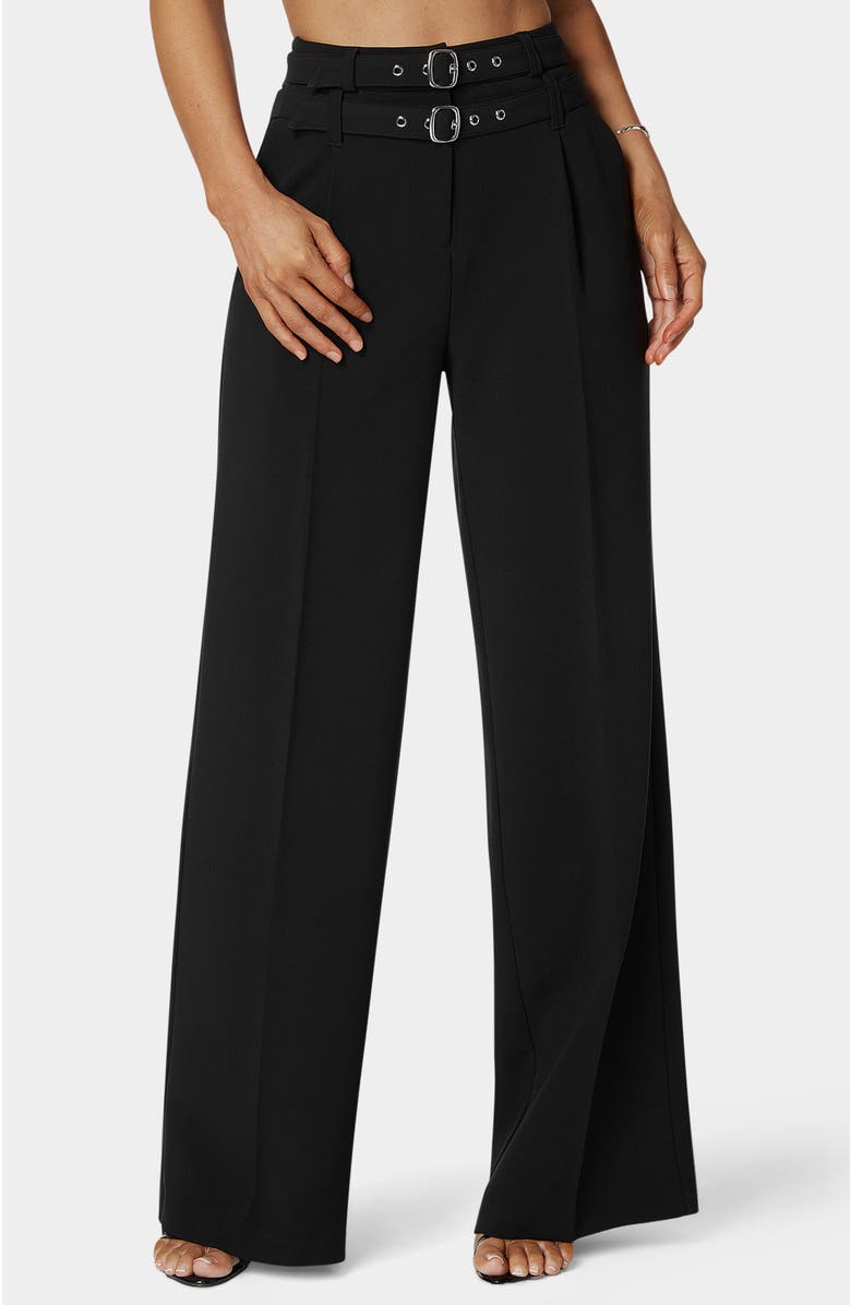bebe High Waist Double Belted Palazzo Pant, Alternate, color, Black