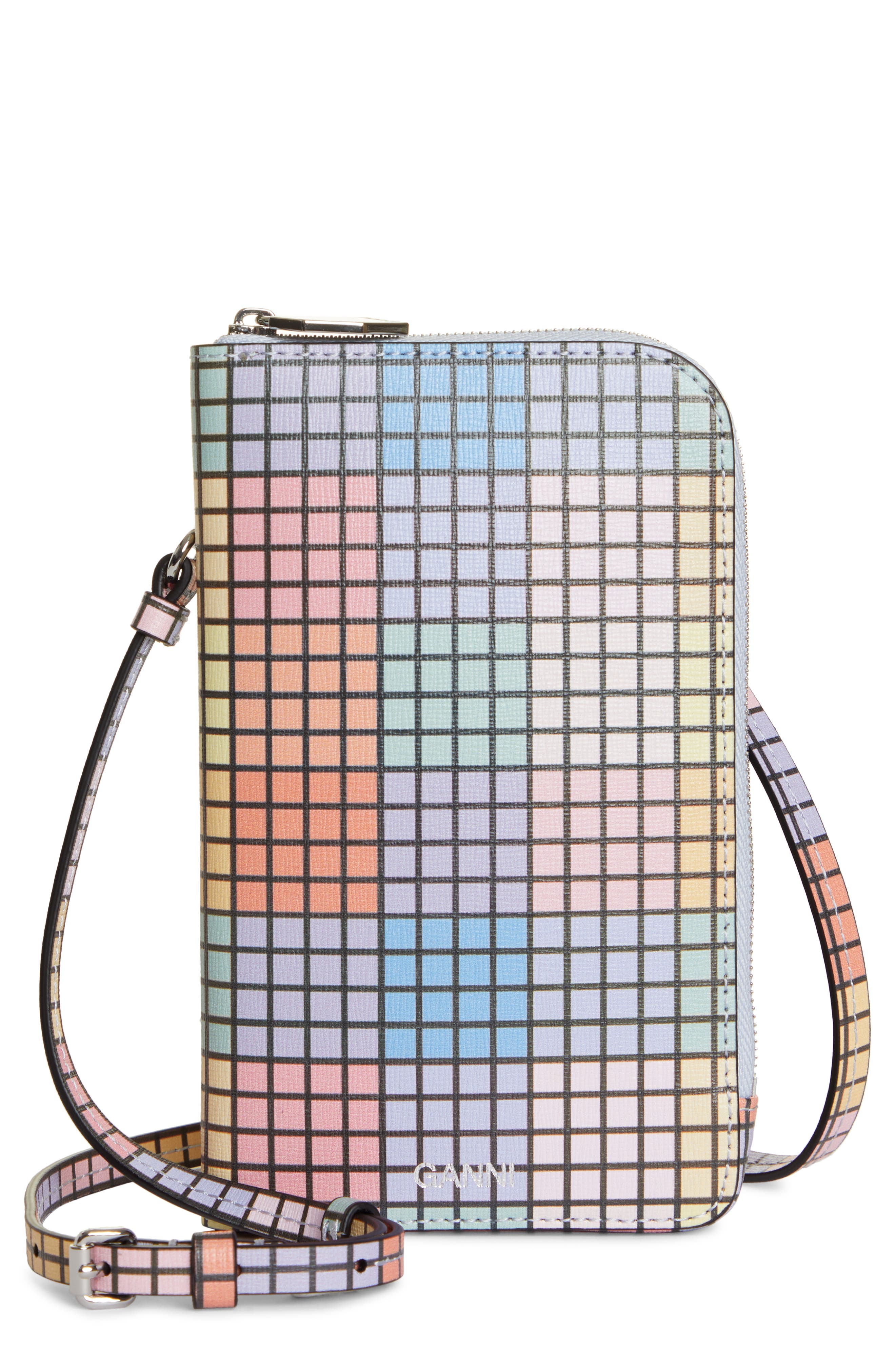 Ganni Recycled Leather Phone Crossbody Bag, Main, color, 