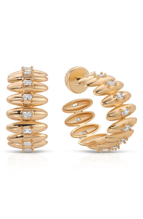 Baguette Cubic Zirconia Thick Oval Dome Hoop Earrings