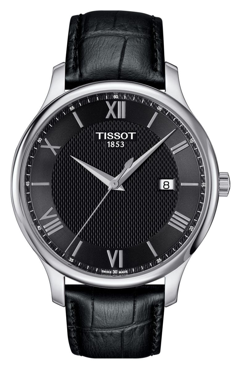 Tissot Tradition Leather Strap Watch, 42mm, Main, color, 