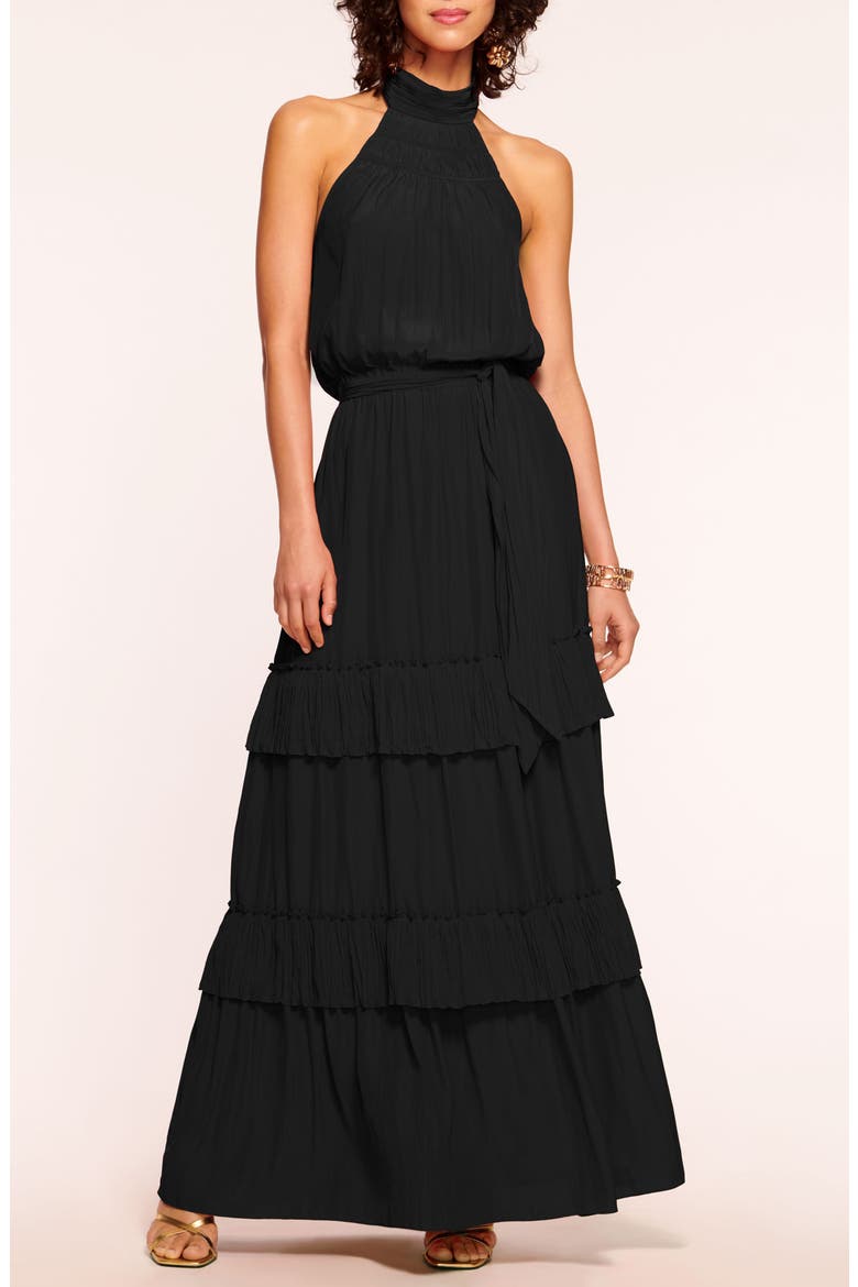 Genevieve Halter Neck Tiered Maxi Dress, Main, color, BLACK