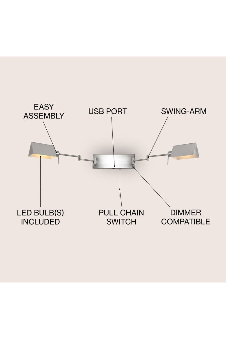 Arlo 2-Light Farmhouse Industrial Double Swing Arm Iron LED Wall Sconce with Pull-Chain USB Charging Port, Alternate, color, Nickel