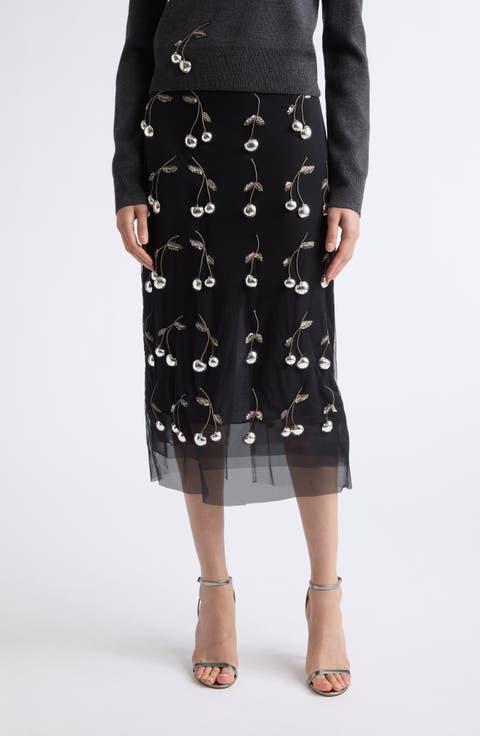 Cherry Embellished Layered Tulle Skirt