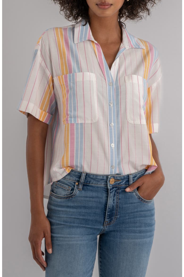 Brianna Stripe Boxy Short Sleeve Button-Up Shirt, Main, color, WHITE/ PINK