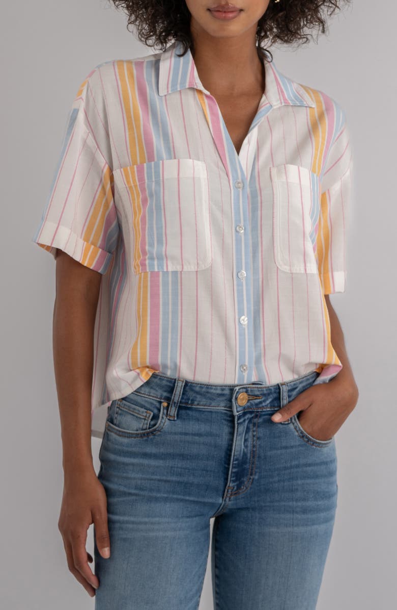 KUT from the Kloth Brianna Stripe Boxy Short Sleeve Button-Up Shirt, Main, color, White/ Pink