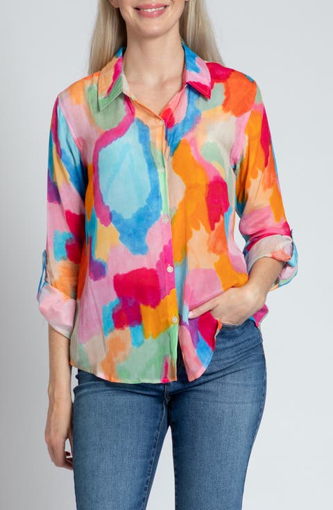 Print Roll-Up Sleeve Chiffon Button-Up Shirt