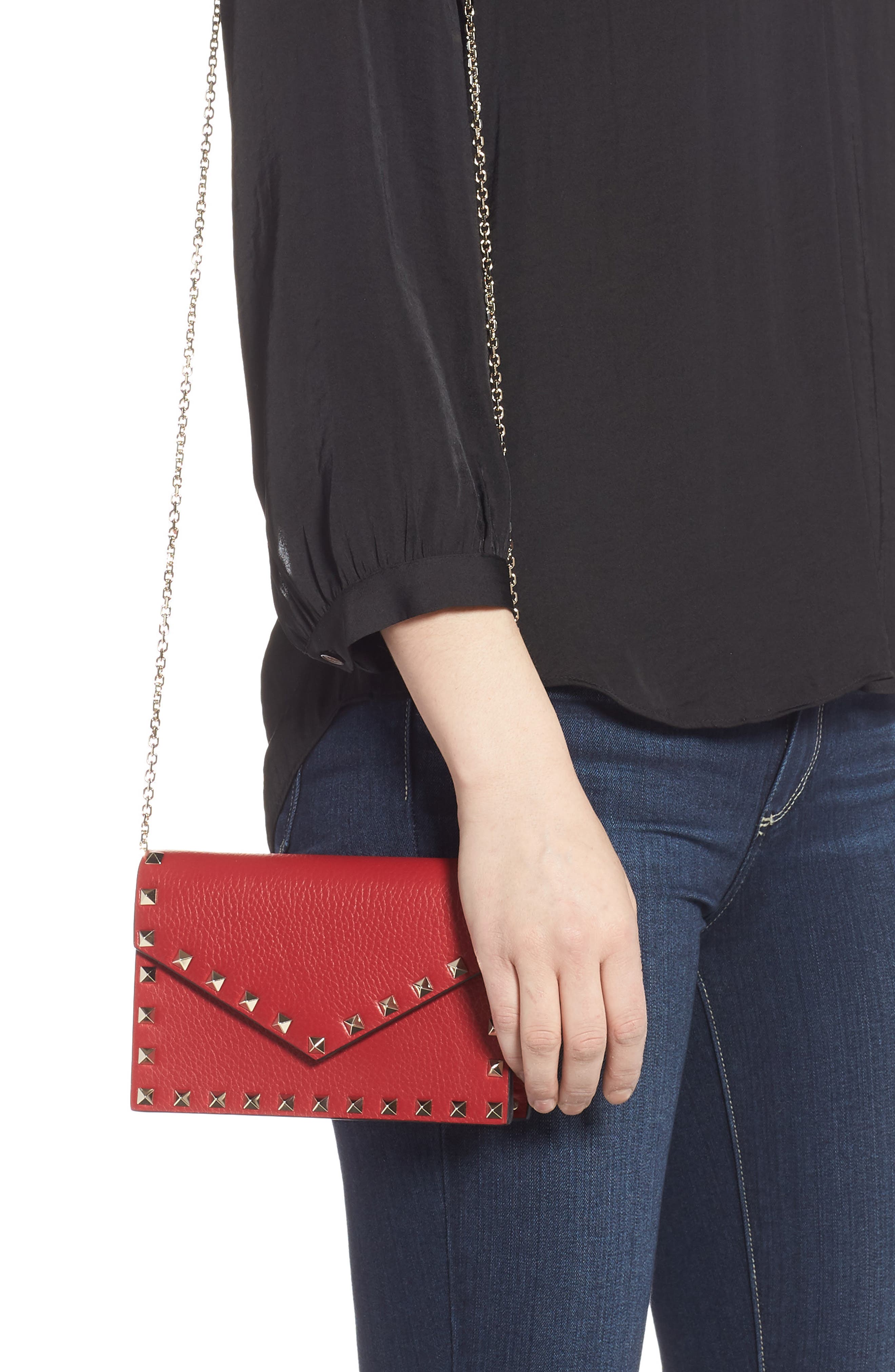 Rockstud Calfskin Leather Envelope Pouch, Alternate, color, ROSSO V