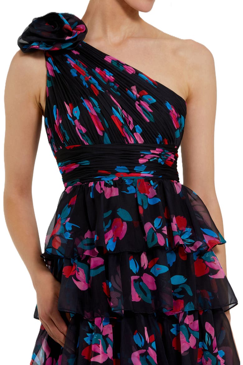 One Shoulder Printed Chiffon Tiered Ruffle Gown, Alternate, color, Black Multi