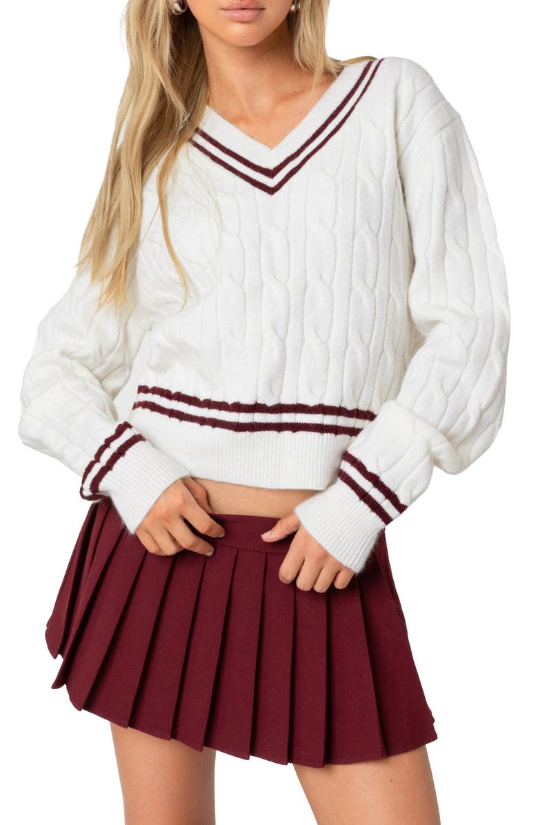 EDIKTED Dean Cable Knit Crop V-Neck Sweater, Main, color, Cream