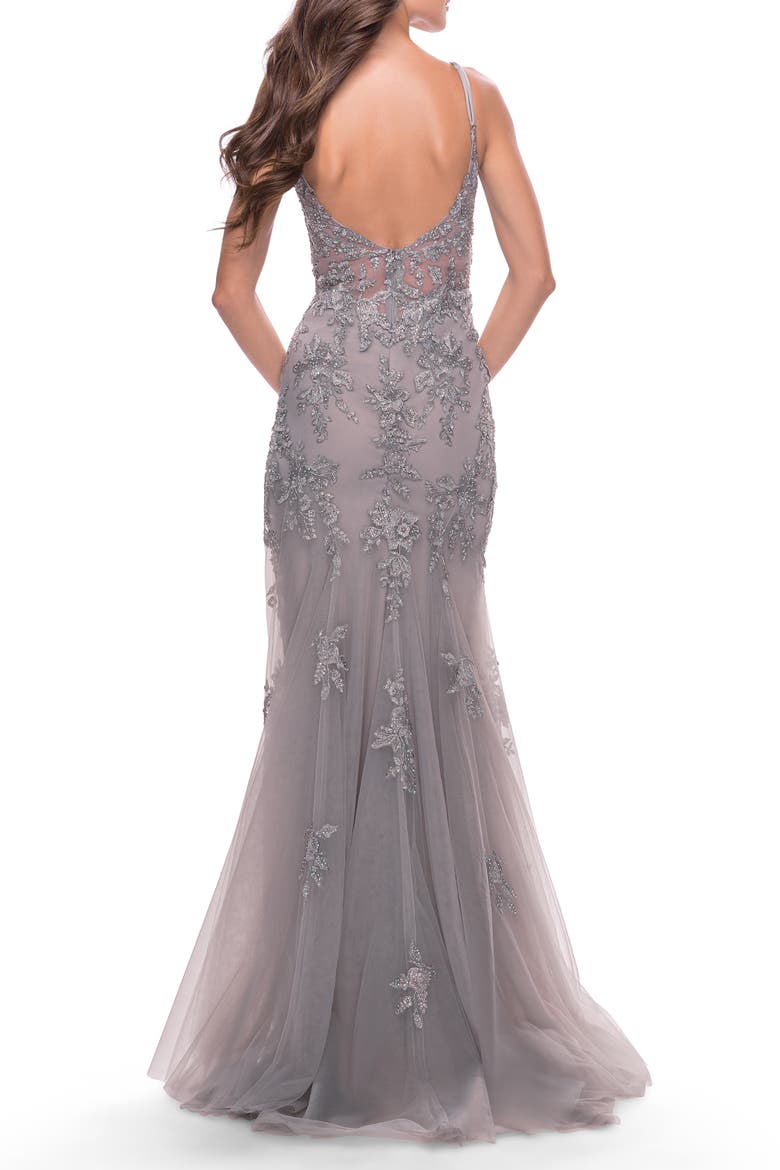Lace Long Dress with High Side Slit and V-Neckline, Alternate, color, Silver