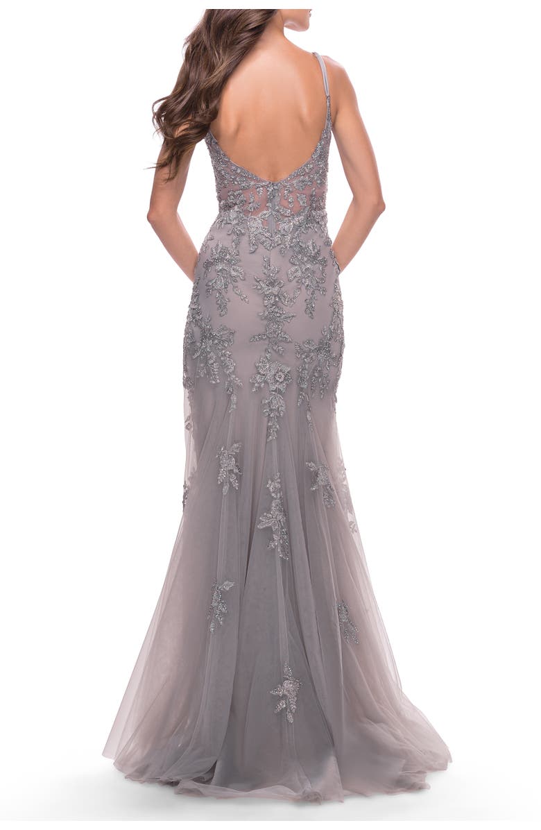 La Femme Lace Long Dress with High Side Slit and V-Neckline, Alternate, color, Silver