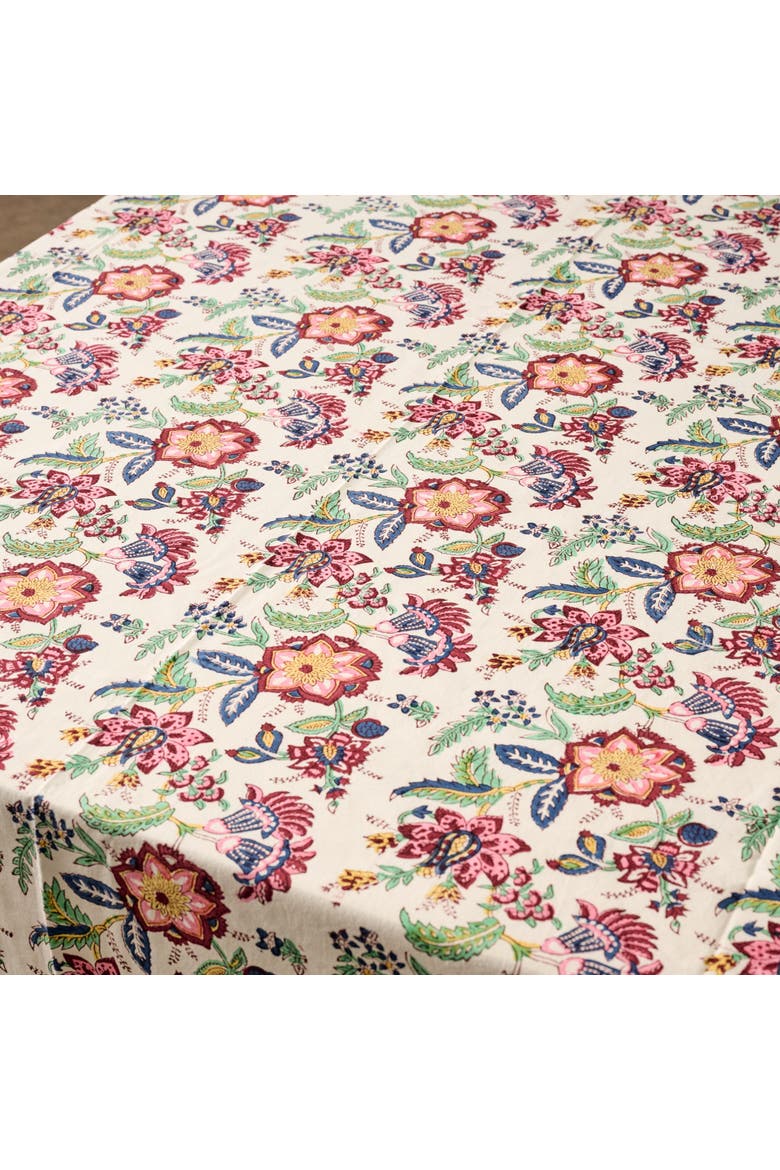 Zaina Floral Blockprint Tablecloth, Alternate, color, Beige