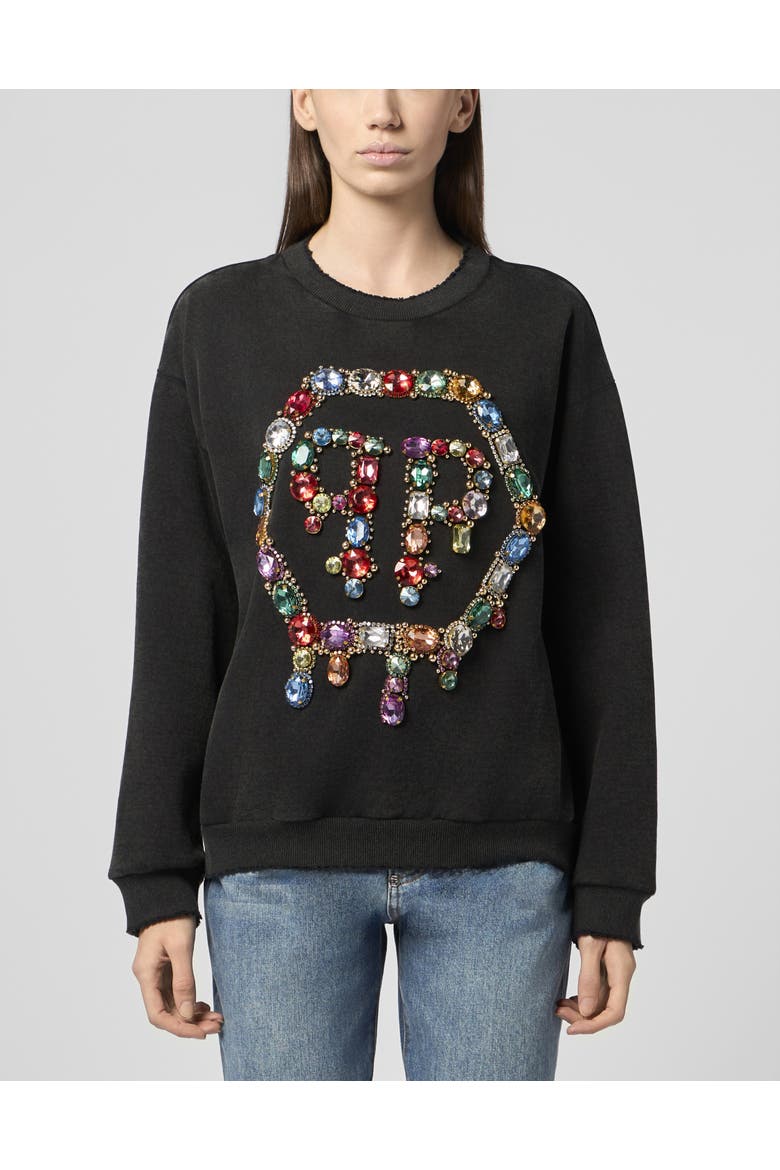 Open Back Sweatshirt Hexagon Stones Women, Main, color, black