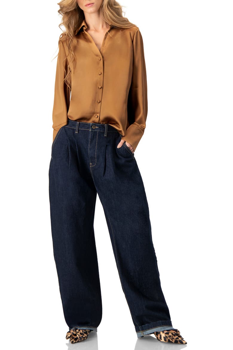 Solid Long Sleeve Satin Shirt, Alternate, color, Brown
