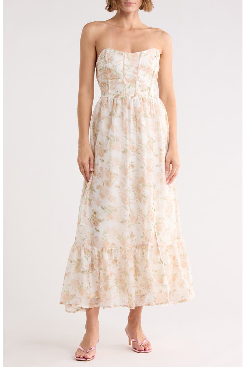 Floral Strapless Dress, Main, color, LIGHT KHAKI MULTI