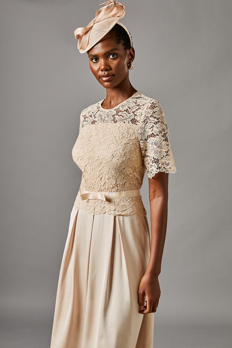 Lace And Crepe Full Skirted Midi Dress, Alternate, color, Champagne