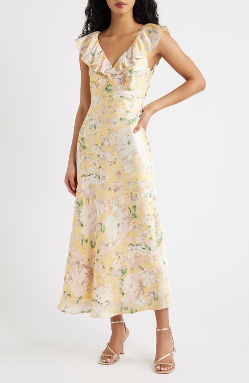 Lulus Carter Ruffle Neck Tie Back Maxi Dress in Yellow Floral at Nordstrom, Size Medium