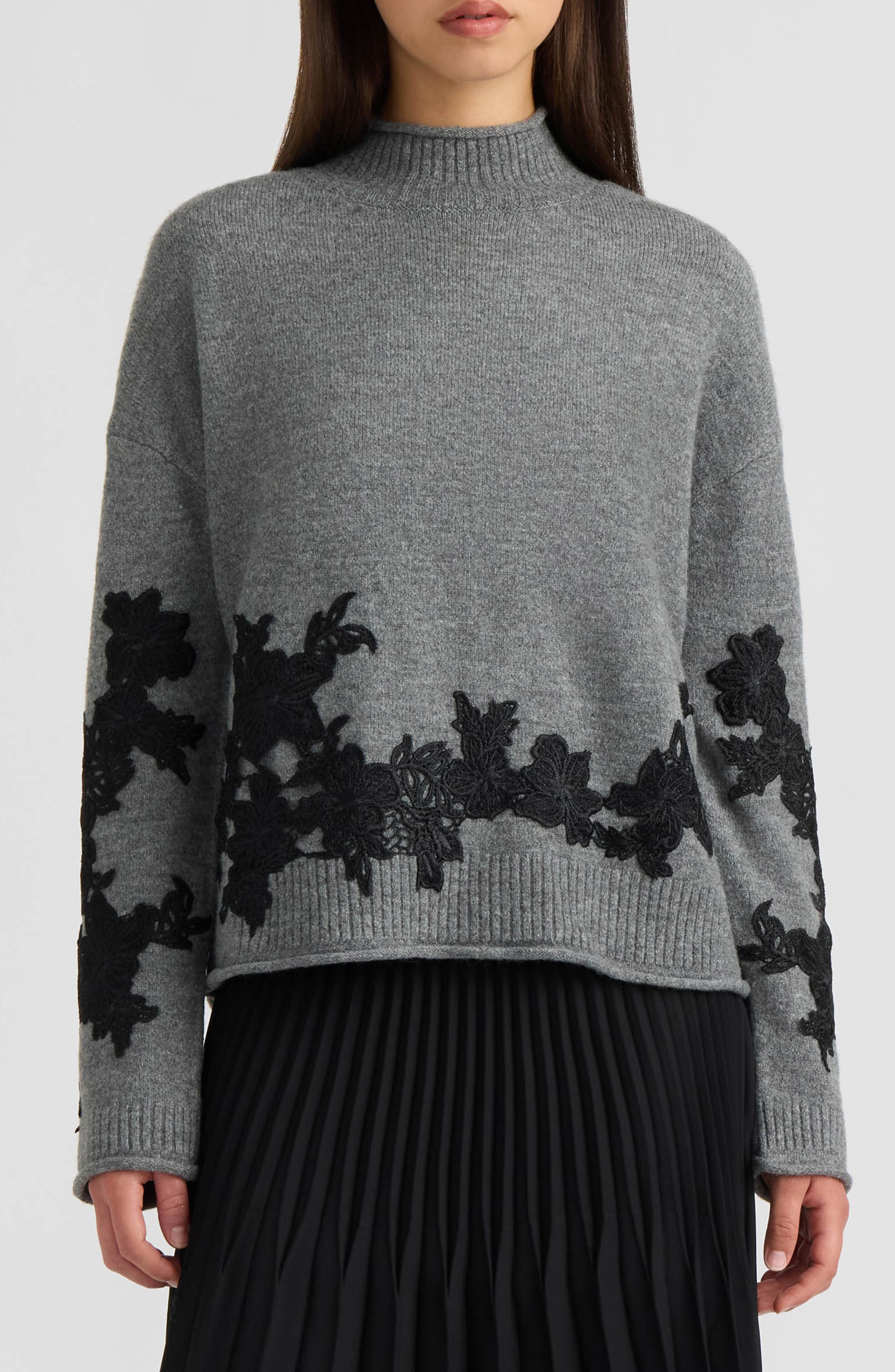 Mock Neck Lace Appliqu Sweater