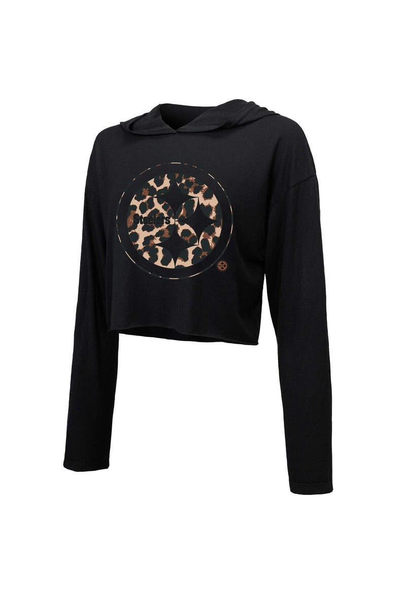 Women's Majestic Threads Black Pittsburgh Steelers Leopard Cropped Pullover Hoodie, Alternate, color, Black