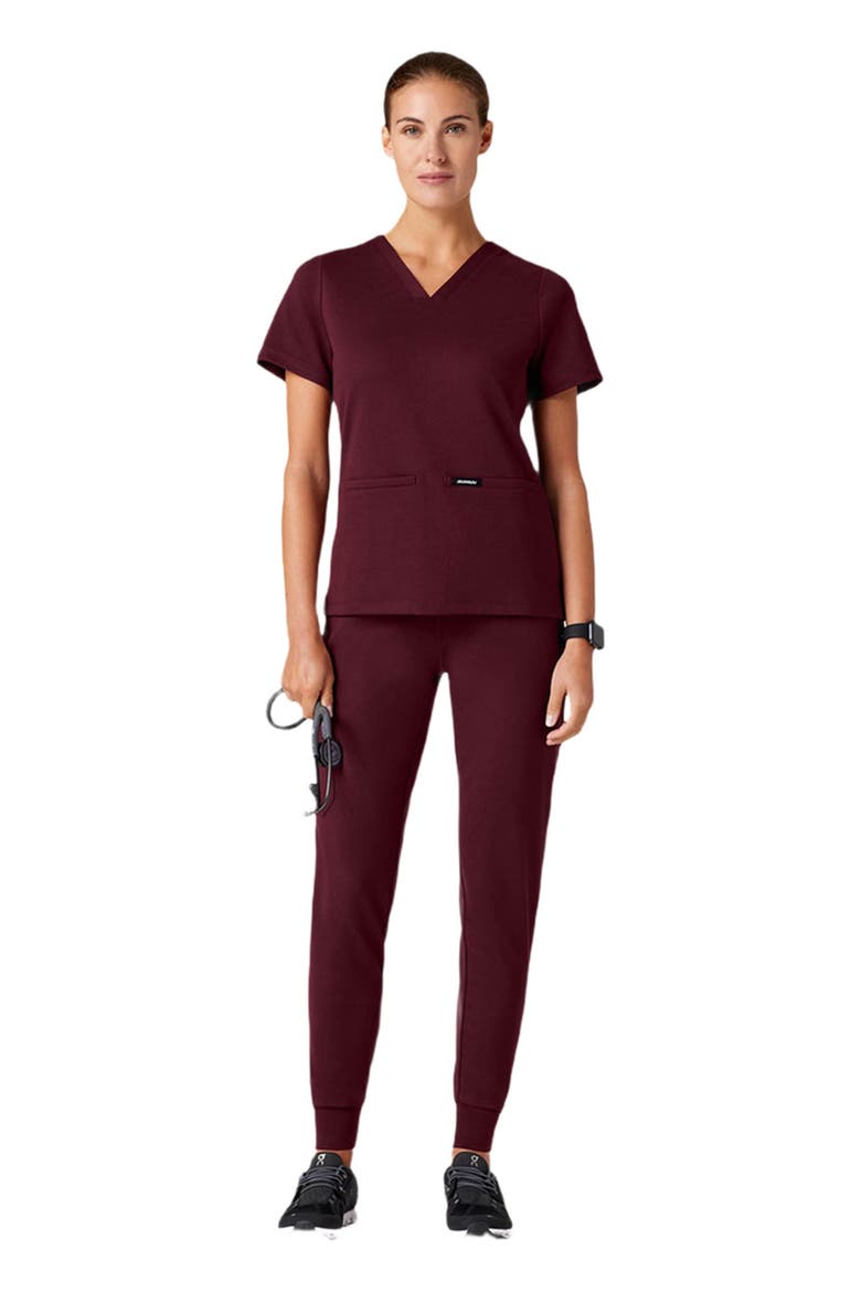Cesi Women's 2-Pocket Slim Knit V-Neck Scrub Top, Alternate, color, Burgundy