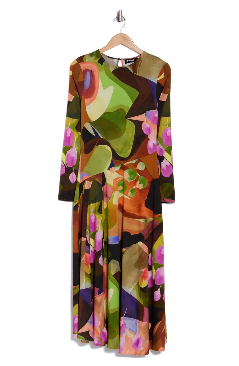 Desigual Long Sleeve Woven Dress, Alternate, color, Green/ Orange Multi