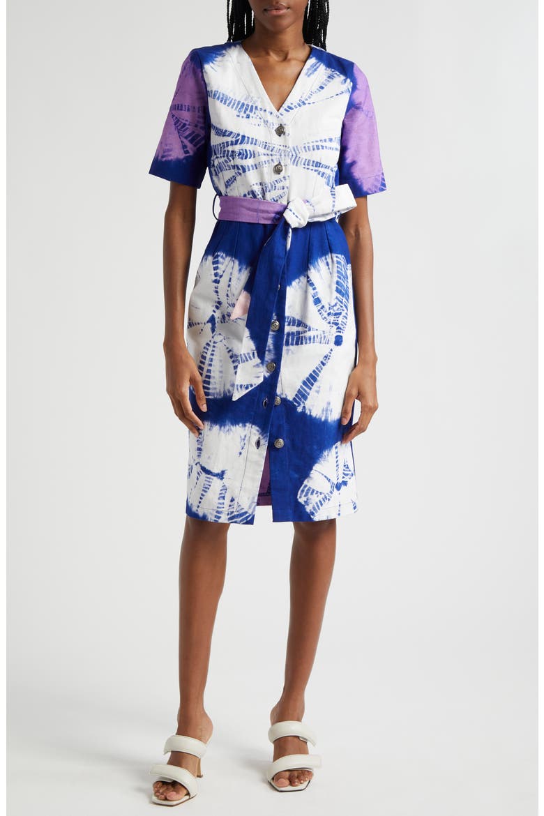 Kuti Tie Belt Button Front Denim Midi Dress, Main, color, BLUE MULTI