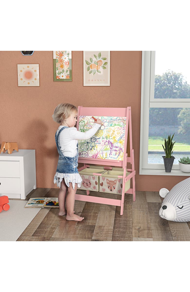 Qaba Kids 3-in-1 Art Easel with Paper Roll, Blackboard, Whiteboard, Storage Baskets, Alternate, color, Pink