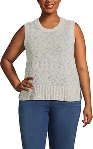 Lands' End Plus Size Cotton Tweed Textured Crewneck Vest Sweater