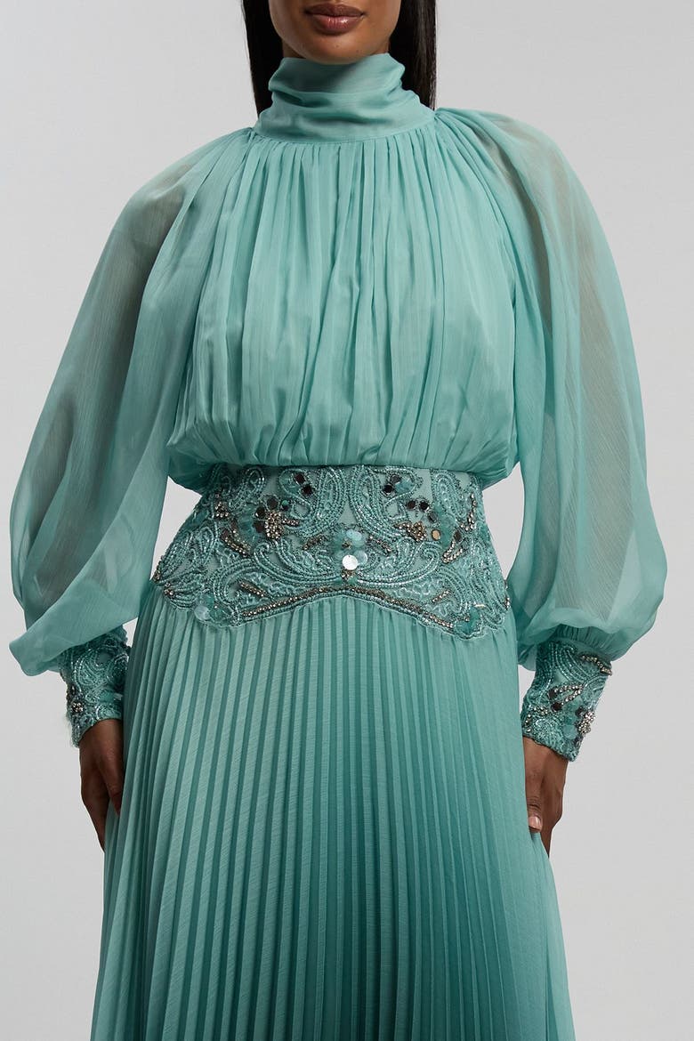Long Sleeve High Neck Pleated Maxi Dress, Alternate, color, Green